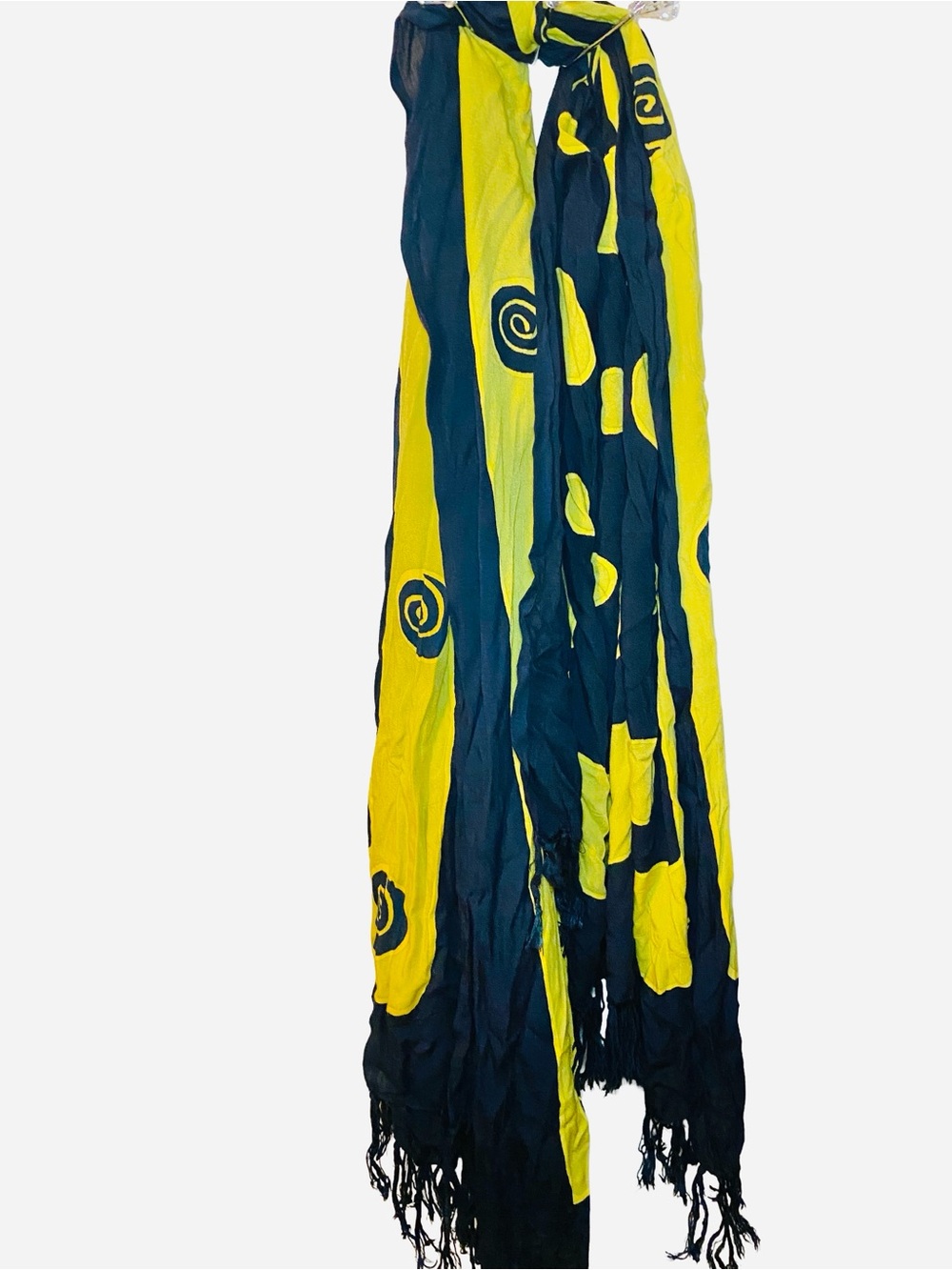 Vintage Blue and Yellow Polka Dot Print Fringe Scarf 1990s